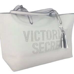 Victoria’s Secret White Pebbled Faux Leather Perforated  Silver Lined Tote